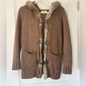 Olive des Olive brown hooded cardigan genuine rabbit fur horse-bit toggles  M
